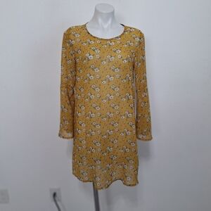 C&A Mustard Yellow Boho Floral Cottagecore Long Bell Sleeve Relaxed Fit Dress M